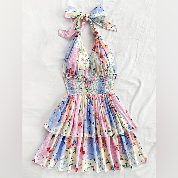 Multicolor Patchwork Boho Retro Floral Print Cambria Halter Dress Ruffle  Tiered